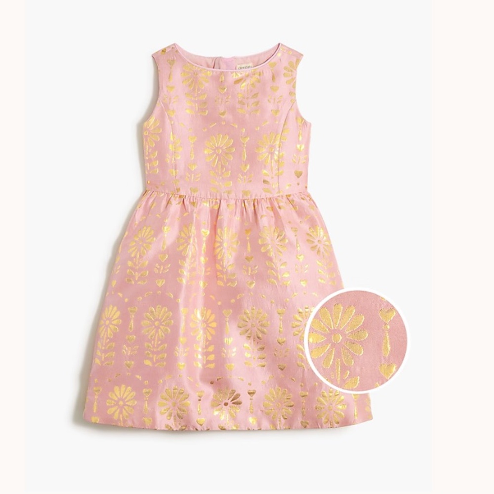J Crew NWT Girls' sleeveless metallic floral brocade party dress in pink gold